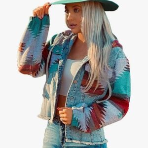 Multicolor Aztec Print Denim Jacket XL Frayed Hem Boho Festival Retro